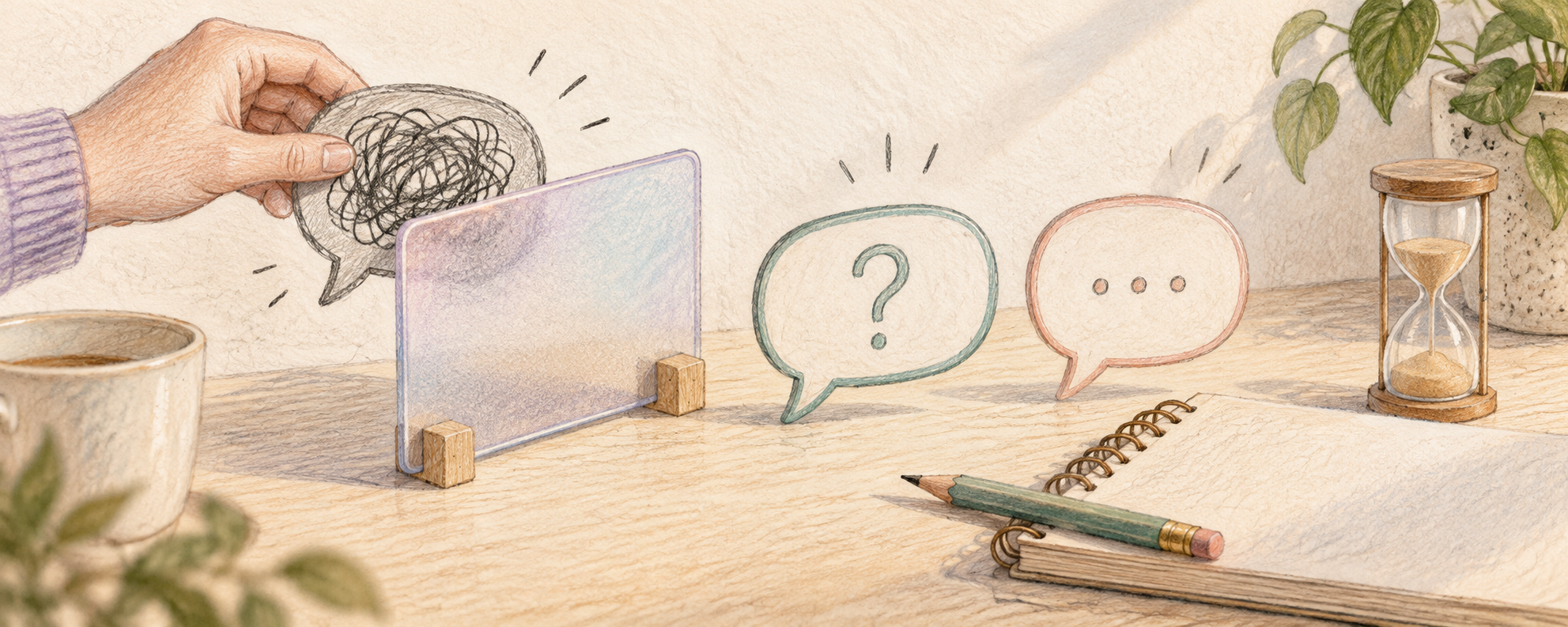 A hand screens a tangled speech bubble while clear conversation bubbles and a research notebook stay in view.