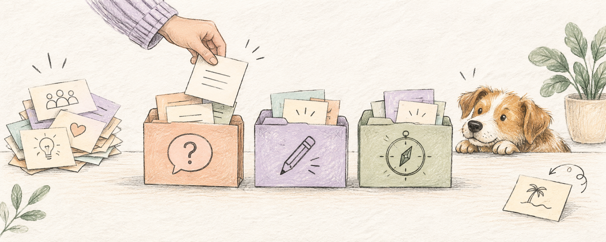 Colored-pencil question, example and compass folders hold sorted note cards, while an unrelated note sits outside the group.