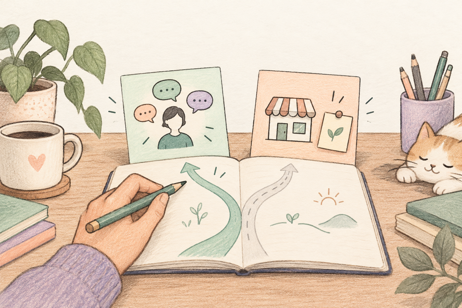 Pencil-drawn founder and product profile cards sit beside a notebook with one chosen publishing path.