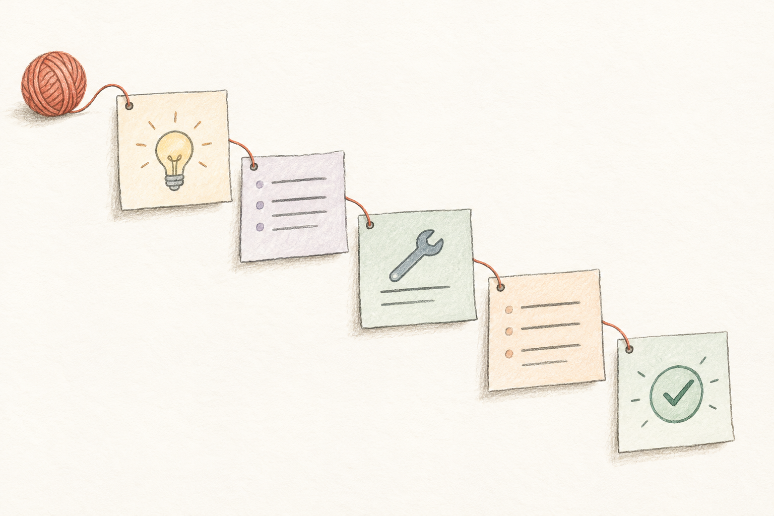 Five illustrated note cards connected by a thread show an idea becoming a complete explanation.