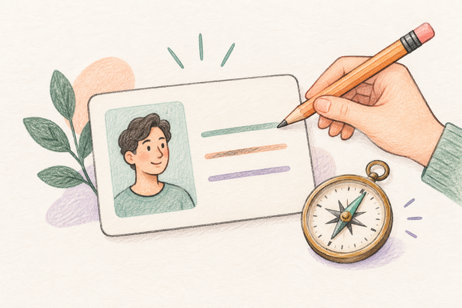 A colored-pencil profile card with a friendly portrait sits beside an editing pencil and a small compass.