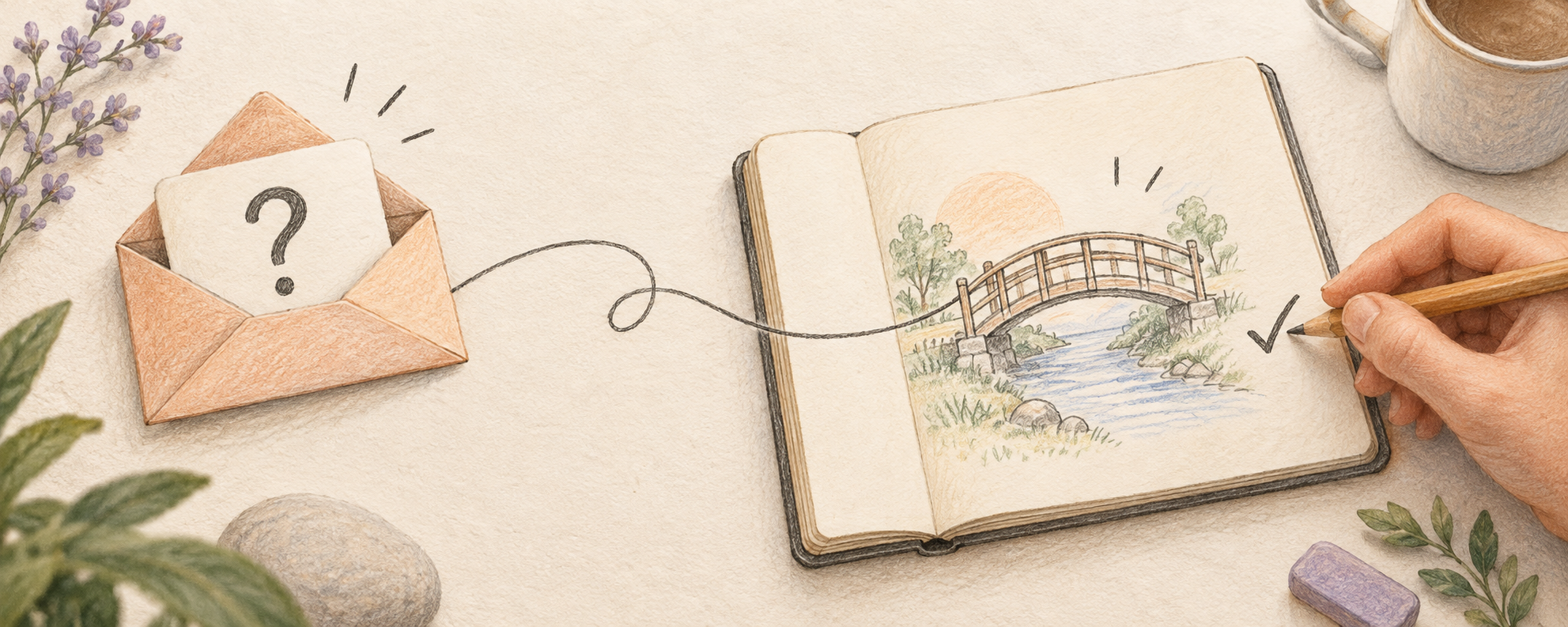 A question card in an open envelope connects by a pencil line to a notebook sketch, while a hand checks the answer.