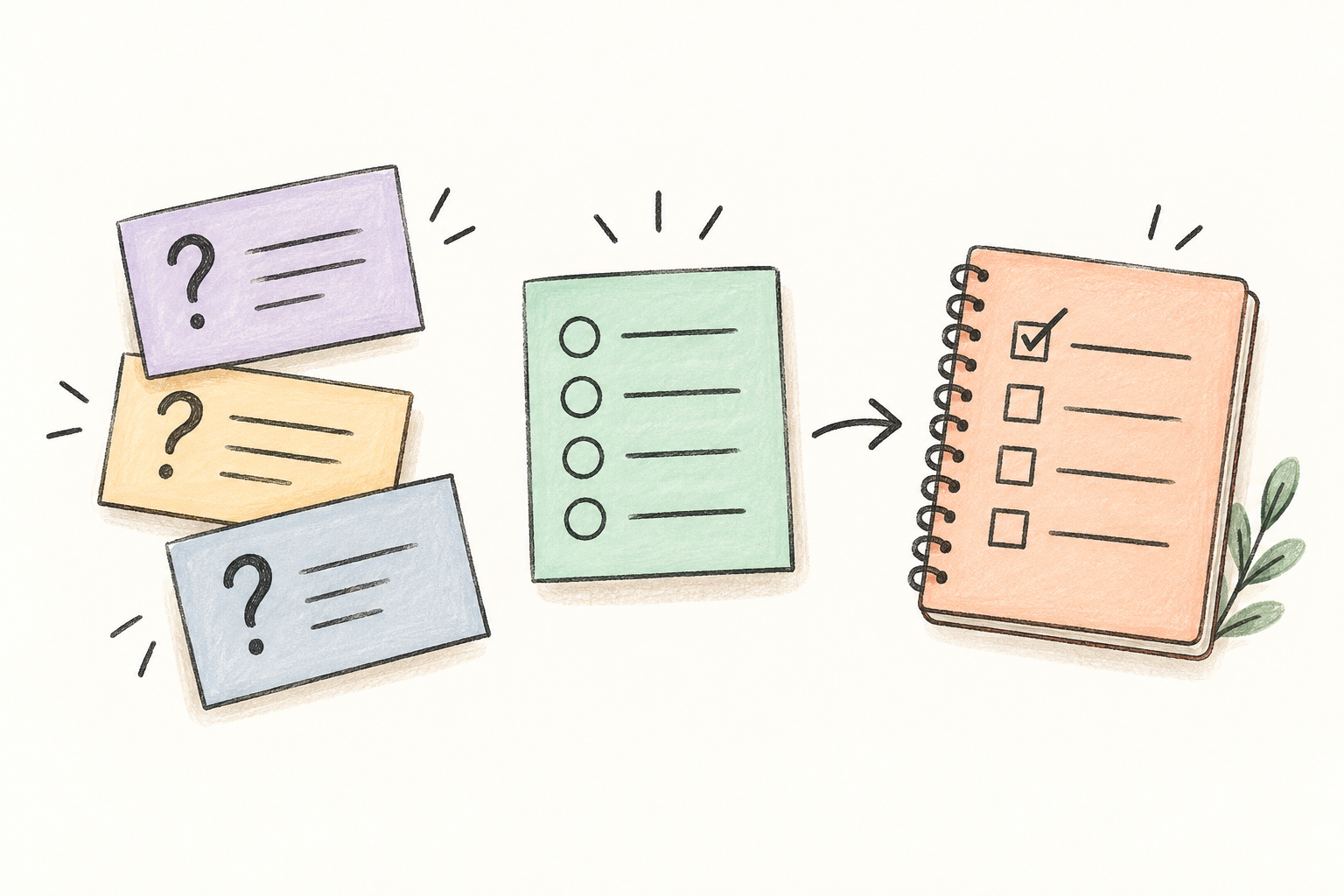 A pencil-drawn poll card connects question notes to a notebook with a checked next action.