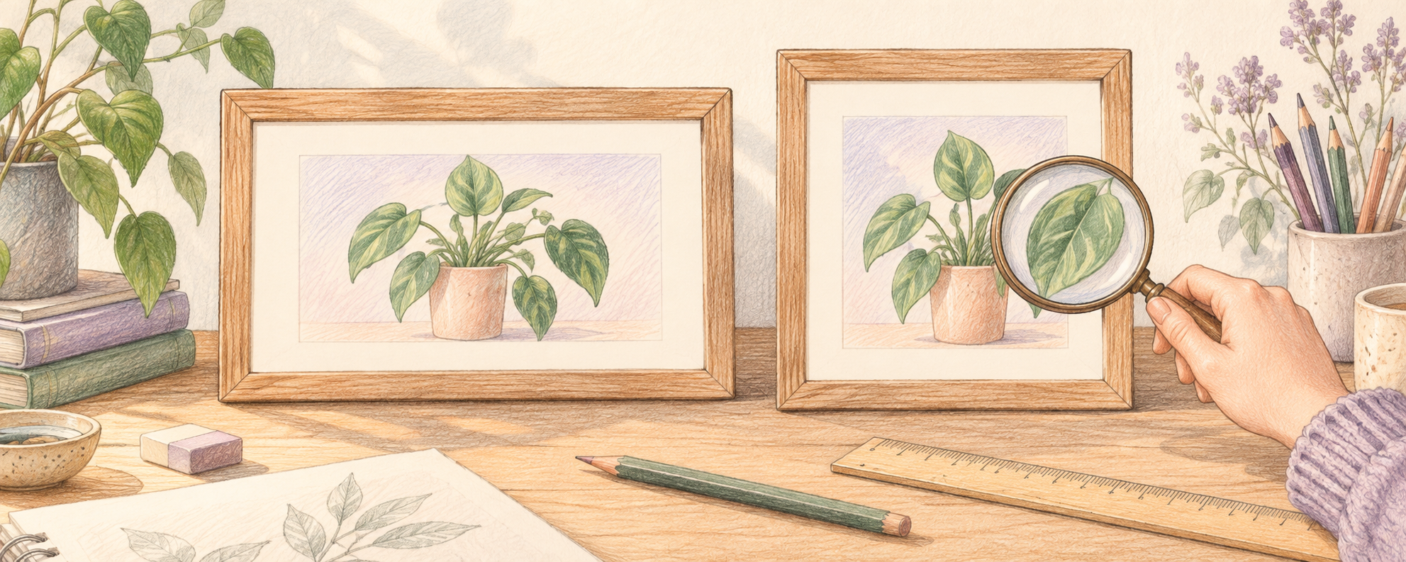 Landscape and square picture frames show a plant with clear margins, beside a magnifying glass, ruler and pencil.