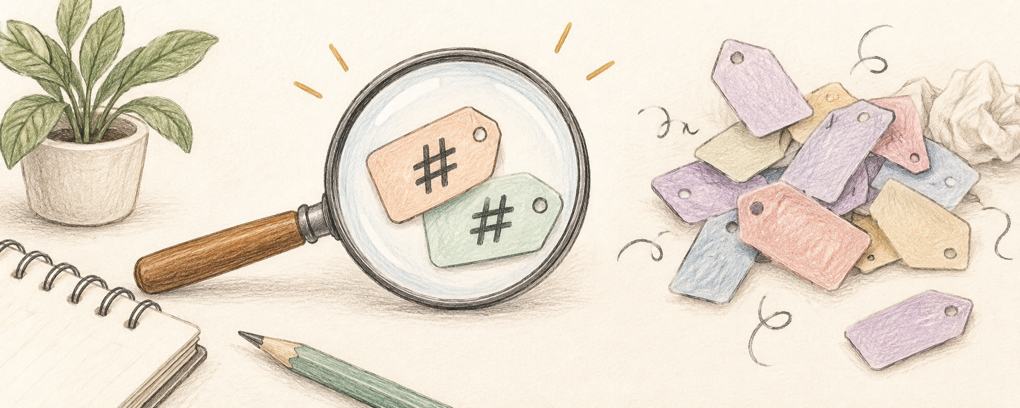 A magnifying glass highlights two hash-symbol tags beside a loose pile of unrelated pastel tag tabs.
