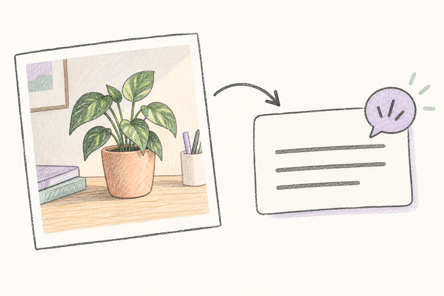A pencil illustration connects a plant photo card to a separate description note.
